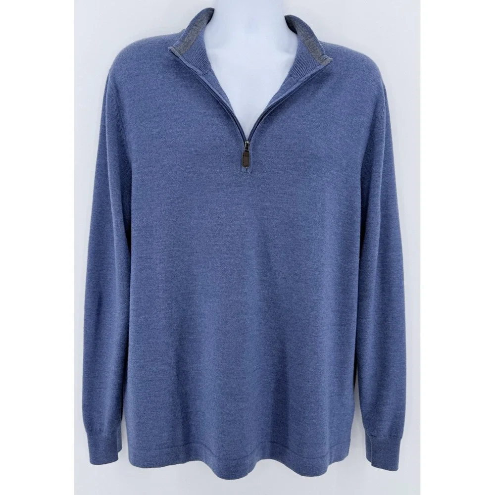 Jos A Bank Traveler Sweater Men's XL Blue 1/4 Zip Merino Wool